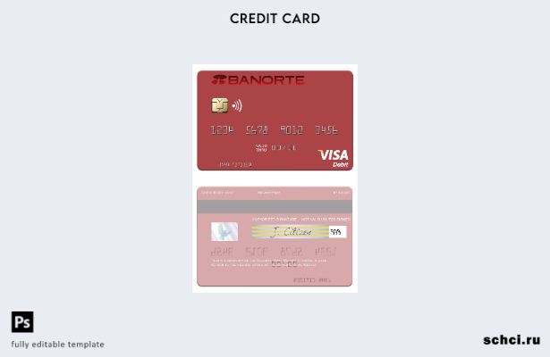 скачать в цифровом формате шаблон дебетовой карты Visa Banorte Bank в Мексике
